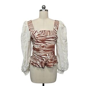 Love The Label Anthropologie Women's Zebra Puff Sleeve Square Neck Top Size Med
